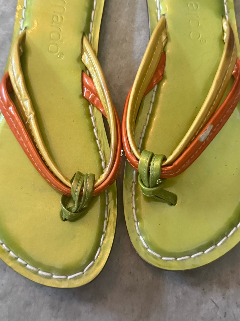 Bernardo Green Flip Flops with Orange & Gold Straps - Picture 5 of 9